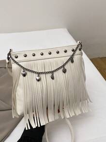 New Rivet Retro Women Crossbody Bag, Versatile Tassel Shoulder Bag With Heart Shaped Chain, Suitable For Outing, Date, Commuting - White - View 5
