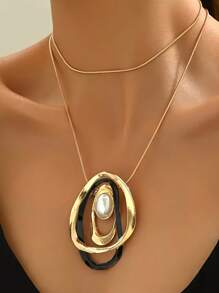 1 pieza Collar elegante y de moda para mujer, estilo minimalista INS con geometría asimétrica hueca, colgante de lágrima de perla en forma de elipse, cadena de serpiente tipo gargantilla, accesorio versátil para uso diario y festivales, regalo