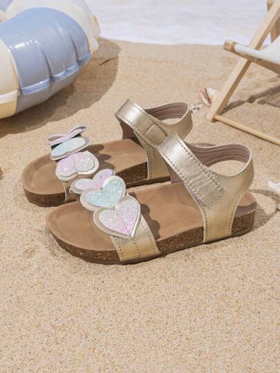 1 双复古软木平底沙滩度假凉鞋，女童时尚百搭爱心装饰休闲户外凉鞋，男女童通用（爱心装饰款式随机）