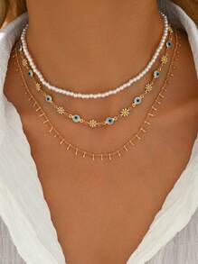 3 件套夏季时尚雏菊眼球拼接项链，时尚经典仿珍珠金属合金流苏首饰套装，适合女性日常装饰、度假旅行和派对穿着 - 雛菊+眼睛 - 查看 1