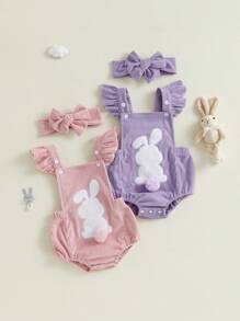 Baby Girl Easter Casual Romper Flying Sleeve Bunny Embroidery Romper With Headband - Purple - View 1