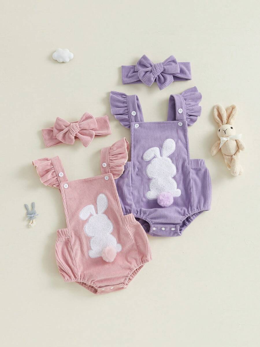 Baby Girl Easter Casual Romper Flying Sleeve Bunny Embroidery Romper With Headband - Purple - View 1