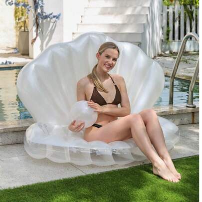 Flotador de piscina con forma de concha blanca inflable de PVC, flotador gigante hinchable con forma de almeja con bola de perla, silla flotante con forma de concha para piscina, playa y fiestas de verano para adultos