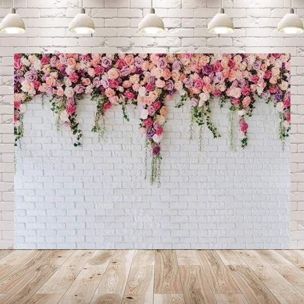 1 pieza Pared de ladrillo blanca con flores como telón de fondo para fotografía, tema de Día de San Valentín, Día de la Madre, boda, novia, cumpleaños, decoración de fiesta