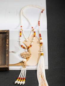 قلادة قديمة طويلة الشرشف، قلادة اللؤلؤ الصناعي على الطراز الصيني للسيدات، اكسسوارات حزب وأزياء عصرية، هدايا للأصدقاء المقربين - الذهبي - مشاهدة 3