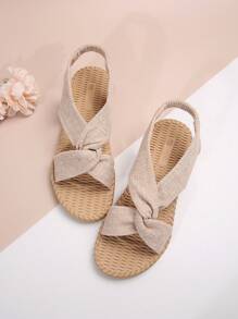 Damen römischer Stil Sandalen mit elastischem Riemen und Geflecht-Sohle, modische, leichte und vielseitige Flachsandalen für den Sommer - Beige - Übersicht 5
