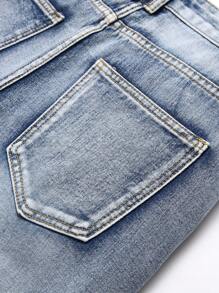 欧美风男士亮钢蓝色胡须印花修身直筒中长牛仔短裤，emo 风格 - 淺色水洗藍 - 查看 5