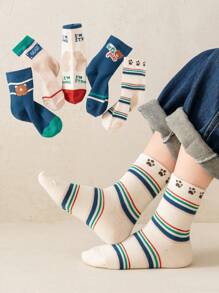10pcs/5pcs Children Socks, Simple Design, Letter, Printed, Stripe, Sports Socks, Boys, Girls, Moisture Wicking Mid-Calf Socks, Suitable For Spring, Summer, Autumn, Sports, Gifts For Girls, Gifts For Boys, Gifts For Mom, Gifts For Dad, Girls Summer Clothes, Boys Summer Clothes, Holiday Gifts - Multicolor - View 1