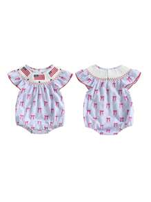 Baby Girl Patriotic Romper Casual Plaid Print Flag Embroidery Summer Fly Sleeves Jumpsuit For Newborn Cute Clothes