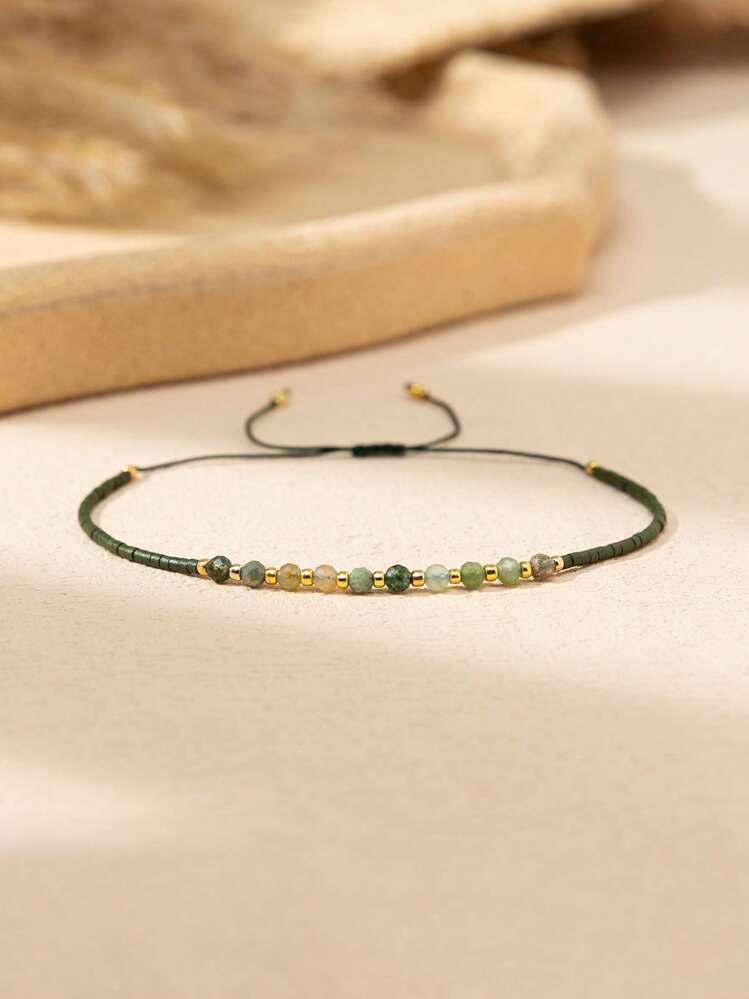 1 pieza Pulsera ajustable de cuerda con cuentas de piedra natural tallada de estilo bohemio, pulsera de amuleto de piedra de la suerte para pareja - Multicolor - Ver 4