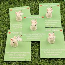 5 件可爱兔子雕像，配有“口袋里的兔子”贺卡，是复活节的励志礼物