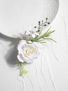 1pc White Airen Rose With Small White Flowers And Green Berries, Elegant Boutonniere Suitable For Groom, Wedding Decoration, Formal Events, Parties