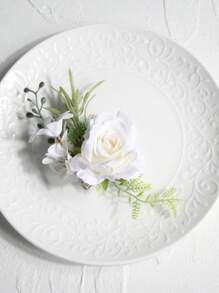 1pc White Airen Rose With Small White Flowers And Green Berries, Elegant Boutonniere Suitable For Groom, Wedding Decoration, Formal Events, Parties