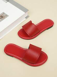 Kids Comfortable Round Toe Flat Slide Sandals, Slip-On Casual Flat Slippers - Red - View 6