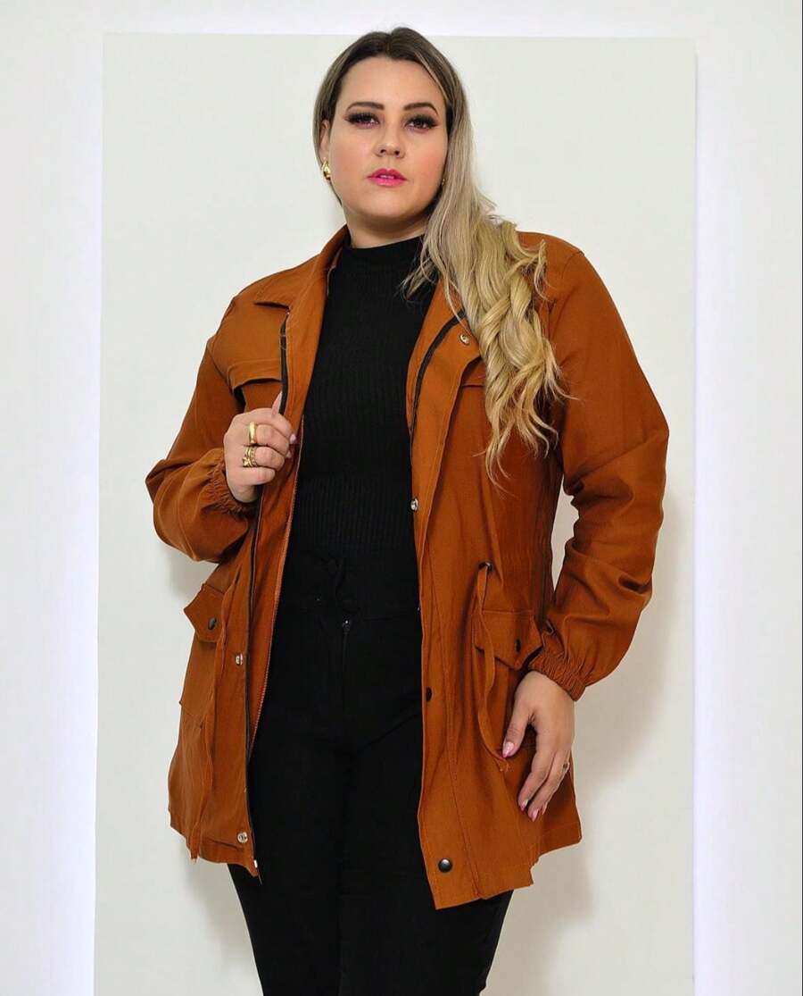 PLUS SIZE OVERCOAT JACKET CINCHED PARKA WINTER COAT BENGALINE - Camel - View 1