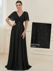 Elegant Party Sequin Dress, Shiny V-Neck Ruffle Sleeve Black Bridesmaid Dress, Wedding Guest Evening Gown, Semi-Formal Cocktail Dress - Black - View 2