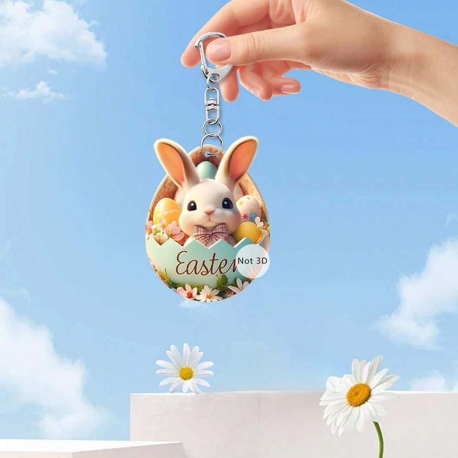 1 pieza Llavero de conejo de Pascua, Decoración de espejo retrovisor de coche plano de acrílico 2D, Llavero colgante para mochila, Regalo de Pascua