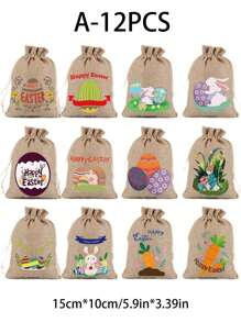 12 件复活节礼品包装袋，兔子和鸡蛋装饰抽绳礼品袋 - 彩色 - 查看 3