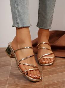 2025 Women Fashion Bow Decorated Square Toe High Heel Casual Sandals - Gold - View 1