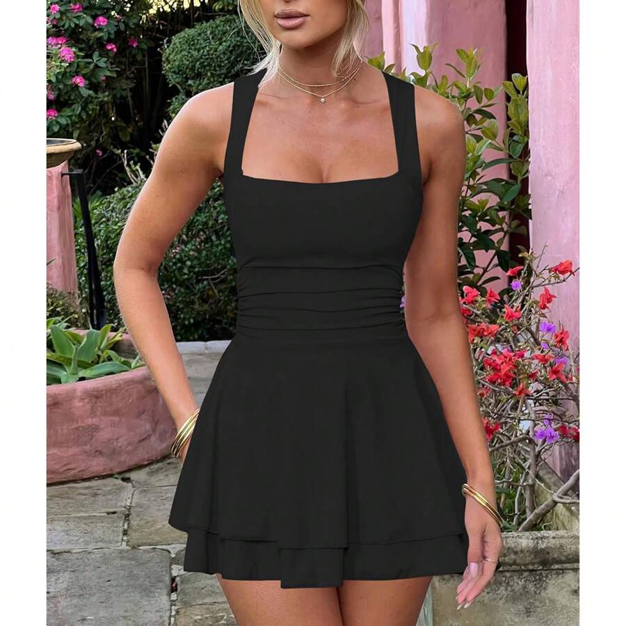 Women's Mini Party Dress Summer Sleeveless Square Neck Solid Color A-Line Dress Short Flowy Dress - màu đen - Xem 1