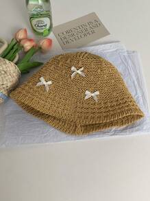 1 件可爱蝴蝶结丝带镂空透气瘦身渔夫帽，女士夏季防晒帽，手工编织蝴蝶结草帽