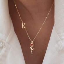 1pc Fashion Initial Red Tulip Pendant Gold Color Stainless Steel Chain Necklace For Women