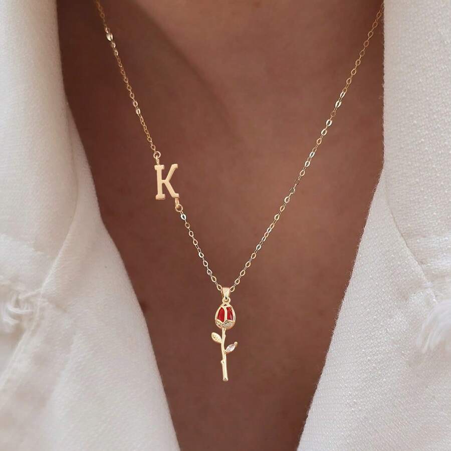 1pc Fashion Initial Red Tulip Pendant Gold Color Stainless Steel Chain Necklace For Women