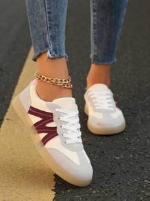 女士拼色舒适防滑圆头系带休闲运动鞋，芭蕾风格运动鞋，红色和白色，适合日常穿着、户外、春季、学生