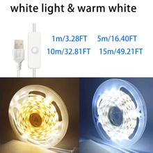 3.28-49.21英尺 USB灯带，5V白光/暖白光LED灯，按钮控制，柔性USB灯带，带背胶，电视背光灯，家居装饰照明，适用于电视背光、卧室、橱柜、派对DIY照明装饰 - 白光 - 查看 3