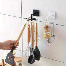 1 pieza Soporte giratorio de 360° para ollas y sartenes de fácil instalación - Sin necesidad de taladrar, montado en la pared, estante de almacenamiento en techo circular expandible de plástico negro para utensilios de cocina, cucharas, espumaderas y talla grande.