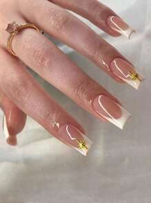 10pcs White French Manicure Nail Stickers, Elegant Minimalist Cute Handmade Full Cover Square Medium Length Nail Strips, Glossy Finish, Natural Nude & White, Duck Mouth Shape, Sophisticated Minimalist Holiday Style, Gold Decor Graceful Nails, Cute Chic Nails Suitable For Women And Girls For Daily And Party Wear, Full Cover Press On Nails Long