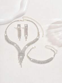 4 件套奢华水钻装饰水晶项链手链和耳环套装，优雅女士珠宝，适合婚礼、派对、节日和礼物 - 首飾套裝 - 查看 4