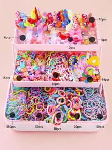 890pcs/Pack Kids Pink Heart & Bow Decor Hair Clips, Hairbands, Ponytail Holders, Hair Accessories, Everyday Use And Gift