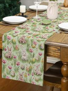 1pc Easter Bunny Eggs Table Runner, Cute Rabbit & Butterfly Spring Table Runner For Home Kitchen Dining Room Holiday Party Coffee Table Decor - Multicolor - View 11