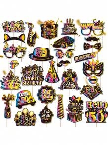 30pcs 30th Birthday Decoration Photo Props, Unisex, Black & Gold Rainbow 30th Happy Birthday Selfie Props Set, With Stick Party Supplies Gift, 30th Birthday Celebration Photo Decoration Props (40th, 50th, 60th, 70th Birthday)