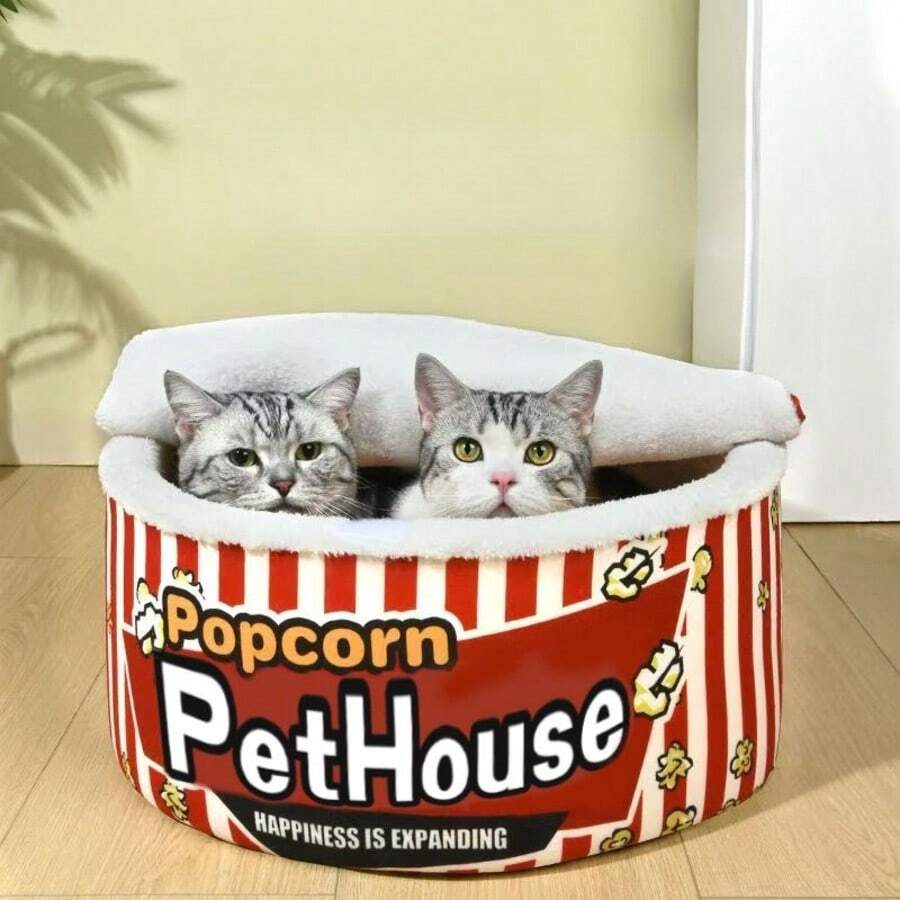舒适爆米花猫床 - 可拆卸冬季暖屋，隔热便携，适合室内猫，病毒式宠物必备品 - 紅色 - 查看 1