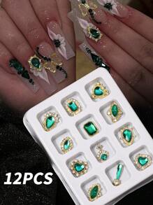 12 件/包 3D 闪亮指甲宝石合金指甲饰物绿蓝红指甲水钻钻石丙烯酸指甲用品 Y2K 指甲哥特指甲设计女士法式指甲 DIY 工艺配件