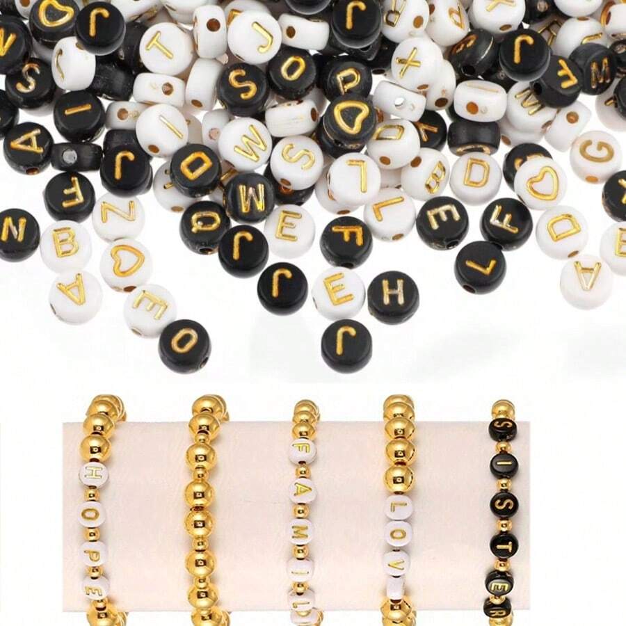 500/1000 件 4x7 毫米 A-Z 亚克力字母珠、扁孔隔珠适用于 DIY 手工珠宝、耳环、工艺品制作、女孩和女士礼物 - 工艺品用品（白色/黑色字母） - 白色 - 查看 1