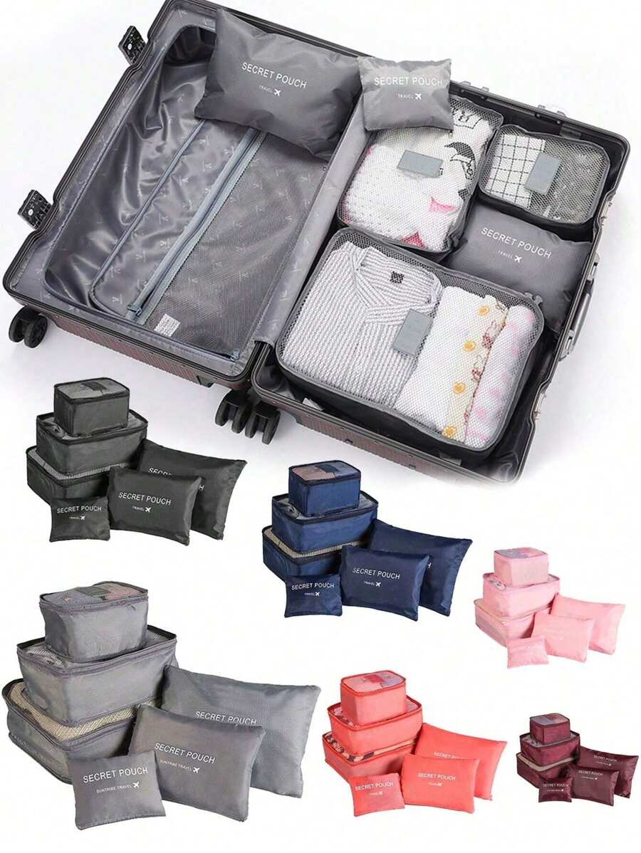6 件/套多功能旅行收纳袋 ---- 衣物整理袋：包括化妆品、洗漱用品、防尘行李箱、学校搬家、行李衣服，适用于衣服、鞋子、内衣、学校用品 - 彩色 - 查看 1