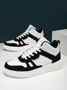 WANWEISI Men's Anti-Slip Lychee Embossed Letter Pattern Contrast Color Lace-Up Sneakers, Outdoor Sports Skateboarding Shoes - Men's Tennis