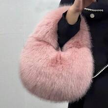 Fashion Soft Plush Half Moon Bags For Women Designer Fluffy Faux Fur Lady Handbags Luxury Small Tote Female Winter Purses - Black - View 3