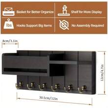 乡村风格木质壁挂式钥匙架，配有 6 个挂钩、邮件整理器和钥匙扣，适用于入口、厨房、农舍、客厅装饰、墙钩、易于安装、木质材料、墙壁相框、自粘式墙钩、挂钩、挂钩、墙钩、浴室、毛巾架、挂钩、墙钩、挂钩、墙钩、门衣架
