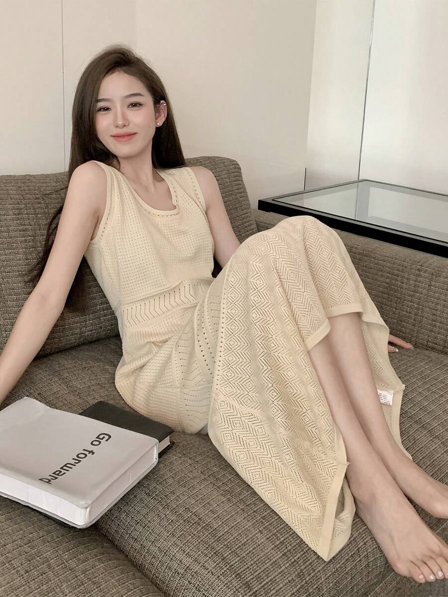 U-Neck Hollow Out Strap Dress, Casual Minimalist Elegant Waist Design Vacation Style Sweater Dress For Women, Autumn - Apricot - View 1