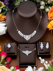 DV JEWELRY 5 件/套奢华方晶锆石镀铂金项链、手链、耳环、开口戒指首饰套装，女士迷人珠宝礼物，适合约会、派对、周年纪念 - 銀色 - 查看 2