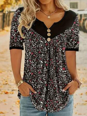 Plus Size Women Casual Floral Print V-Neck Button Up T-Shirt