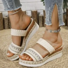 Women's Woven Platform Thick Sole Sandals, 2024 New Style With 2 Braided Straps Platform Wedge Slippers - Beige - View 4