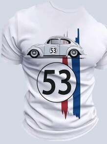 1 pieza Camiseta vintage con gráfico de coche de carreras, camiseta casual de cuello redondo para hombre, tela de punto 100% poliéster con un poco de elasticidad, ajuste regular de manga corta para ropa de calle de verano