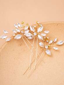 3pcs Gold-Color Crystal Hair Clips, Asymmetrical Hairpins, Bridal Headpieces Wedding Accessories Valentine's Day Accessories - Gold - View 3