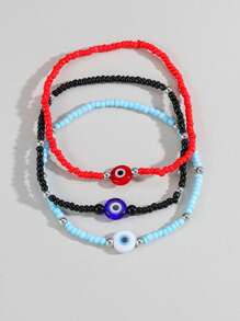 3 pièces Style resort de plage bohème Perles de riz noires uniformes de taille moyenne avec yeux en verre Bracelet de cheville élastique pour femmes