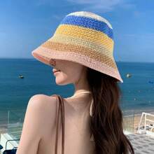 1pc Gestreepte Regenboog Bohemian Geweven Zonnehoed, Ademende UV-bescherming, Geschikt voor Buiten/Reizen/Strand, Modieus Accessoire & Geschenk, Ideaal voor Dagelijks Gebruik, Zomer